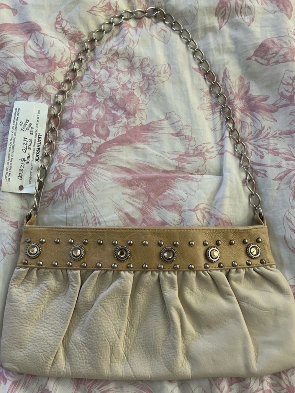 Vintage Leatherock Cream and Tan Studded Leather Shoulder Bag with Chain Strap